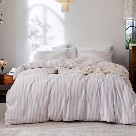 FOSSA Striped Duvet Cover Set 100% Washed Cotton Linen Feel Super Soft Breathable Cozy 3 Pieces Bedding Sets Greyish Pink White Classic Stripes Twin