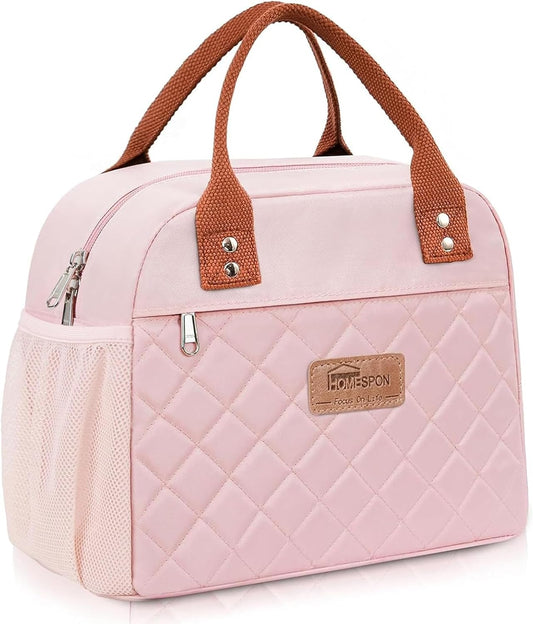HOMESPON Insulated Lunch Bag for Women Men Adults Lunch Tote with Front Pocket Lunch Box Container Cooler Bag for Work Picnic (Pink)