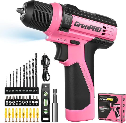 GRENPRO 8V Cordless Drill, Power Drill Set with 43pcs Accessories, 3/8" Keyless Chuck, Built-in LED, Type-C Charge Cable, Pink Drill Set for Women, Drilling & Screw Tightening/Loosening, Home DIY