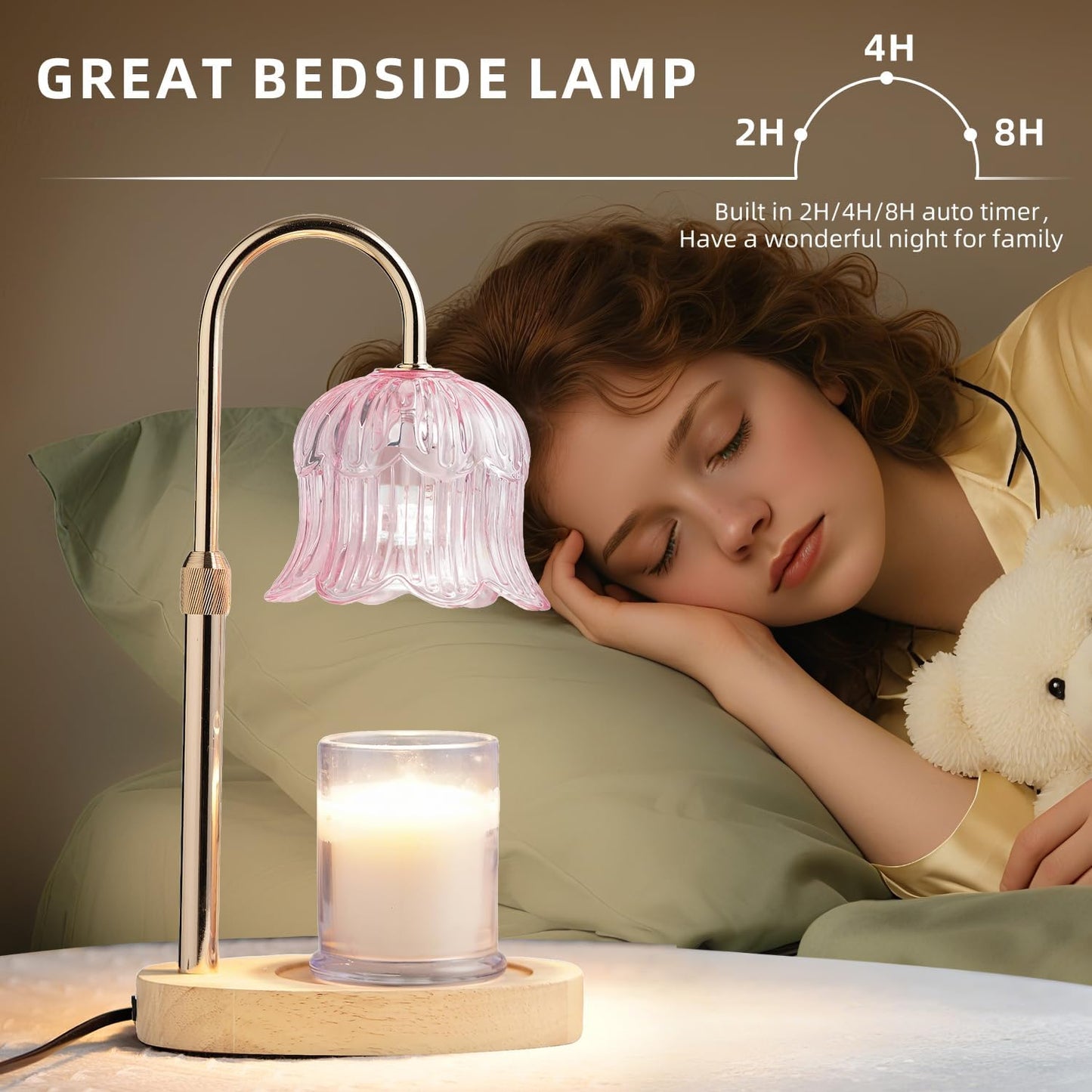 Candle Warmer Lamp with Timer: Flower Shape Wax Lamp Candles No Flame Home Decor Pink Candles Warming Lights