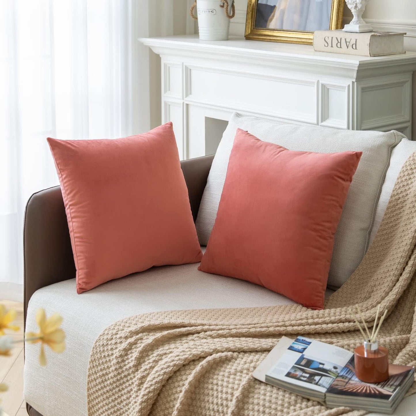 Set of 2 Salmon Pink Colored Solid Velvet Throw Pillow Covers, Cozy Soft Accent Pillow Cases for Sofa Couch Bed and Living Room - 18"x18"