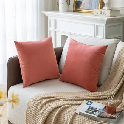 Set of 2 Salmon Pink Colored Solid Velvet Throw Pillow Covers, Cozy Soft Accent Pillow Cases for Sofa Couch Bed and Living Room - 18"x18"