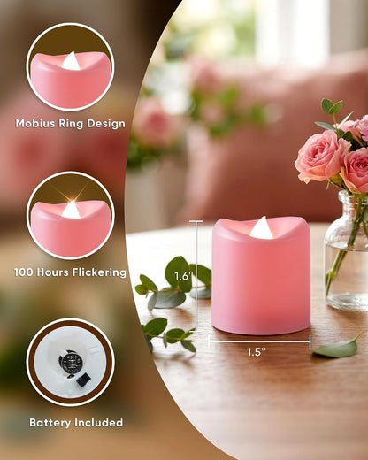 5plots 12-Pack Pink Flameless Candles, Flickering Votive Candles, 100 Hours Battery Powered Tealights for Wedding, Holiday, Party, Dating, Proposal, Table Centerpiece, Christmas