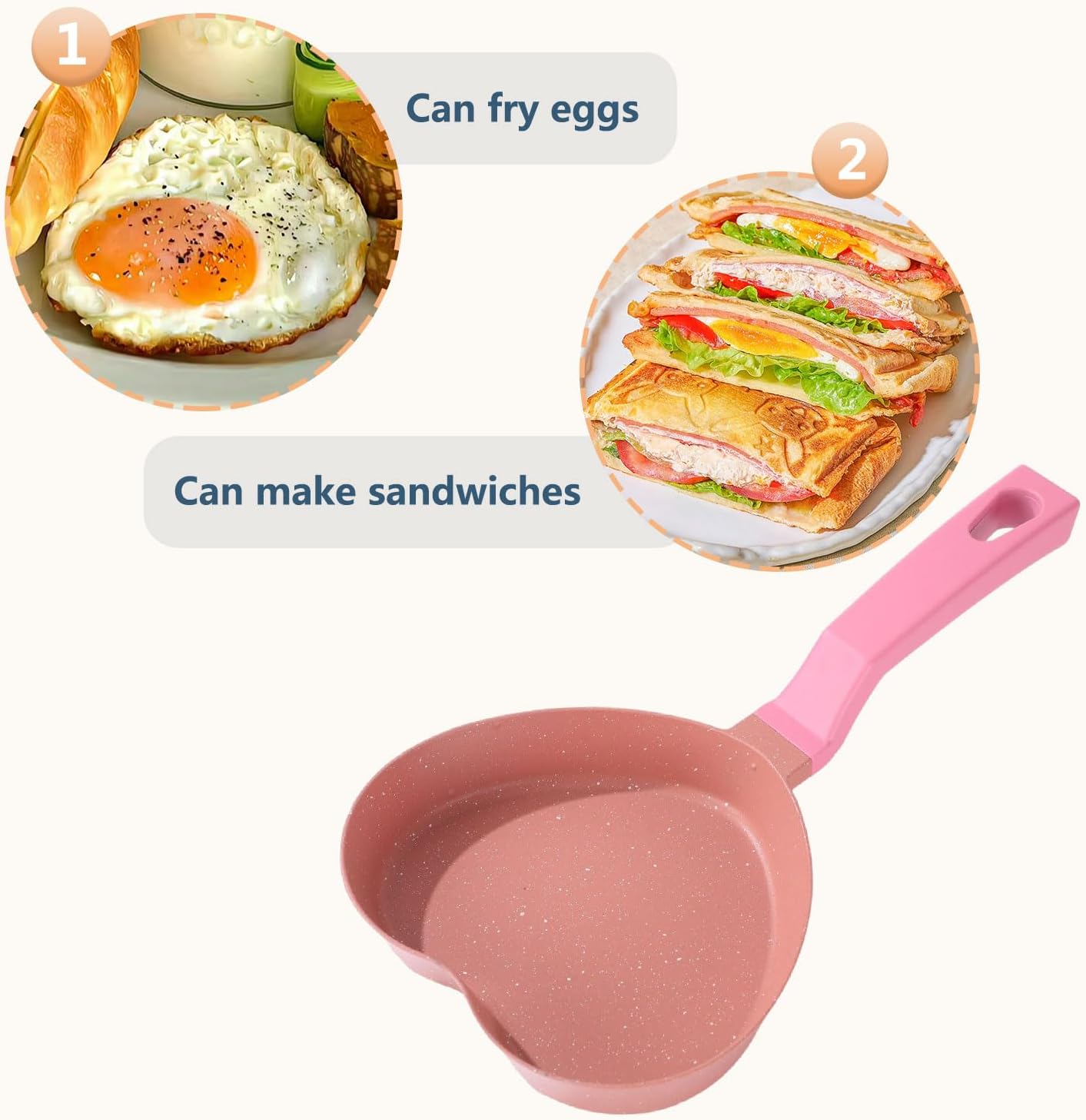 Mini Nonstick Egg Pan, Small Frying Pan with Unique Heart-shaped, One Egg Frying Pan with Granite Coating, Multi-functional Frying Pan for Cooking Eggs, Pancake, Sausages and Burgers, Pink