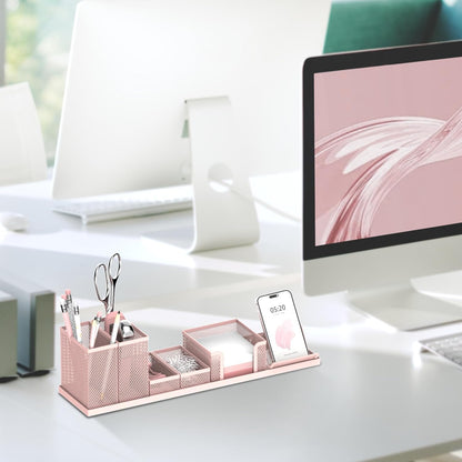 SUPEASY Pen Holder for Desk, 6 Piece Mesh Desk Organizer set for Office Organization with Mail Organizer, Letter Phone Holder, Sticky Notes Caddy Storage, Pink
