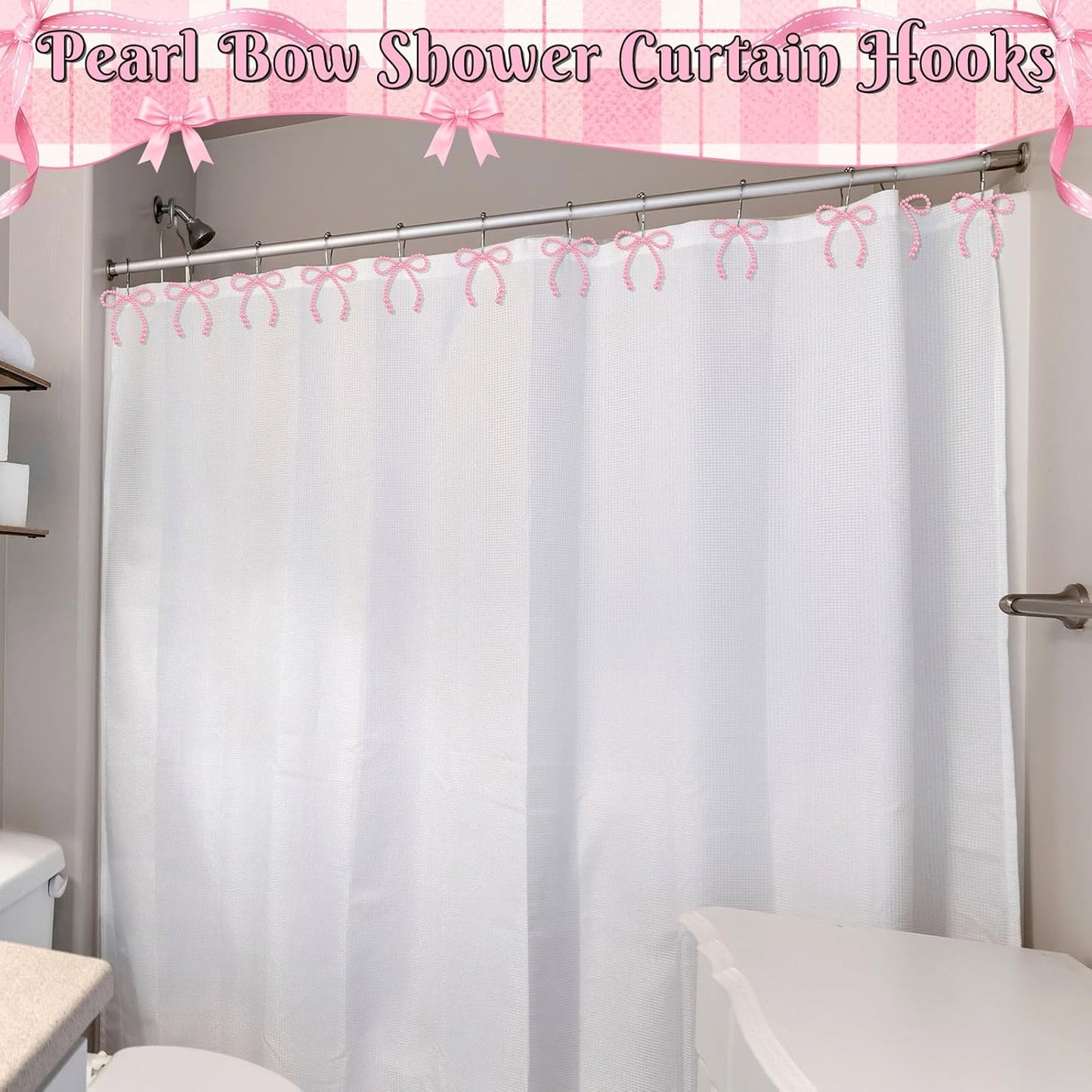 Novabright 12 Pcs Pearl Bow Shower Curtain Hooks Decorative Elegant Bowknot Shower Curtain Rings Hangers for Standard Rods Bathroom Baby Room Decoration (Pink)