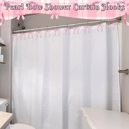 Novabright 12 Pcs Pearl Bow Shower Curtain Hooks Decorative Elegant Bowknot Shower Curtain Rings Hangers for Standard Rods Bathroom Baby Room Decoration (Pink)