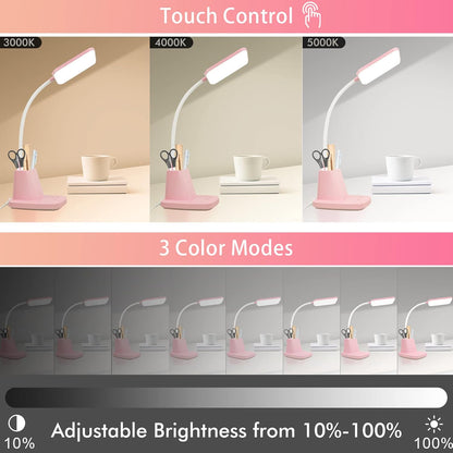 Pink Desk Lamp, Small Desk Lamp with Pen Holder, Wireless Charger LED Desk Lamps for Home Office, Kids Desk Lamps 800LM Flexible Arm 3 Modes Dimmable Touch, Study Lamps for College Dorm Room