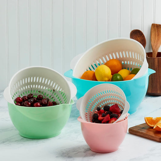 Basic Essentials 6 Piece Plastic Nesting Mixing Bowls with Colanders Set for Kitchen, Baking, Prepping, Cooking, Space Saving Storage, Multiple Sizes, Pink, Mint Green & Light Blue