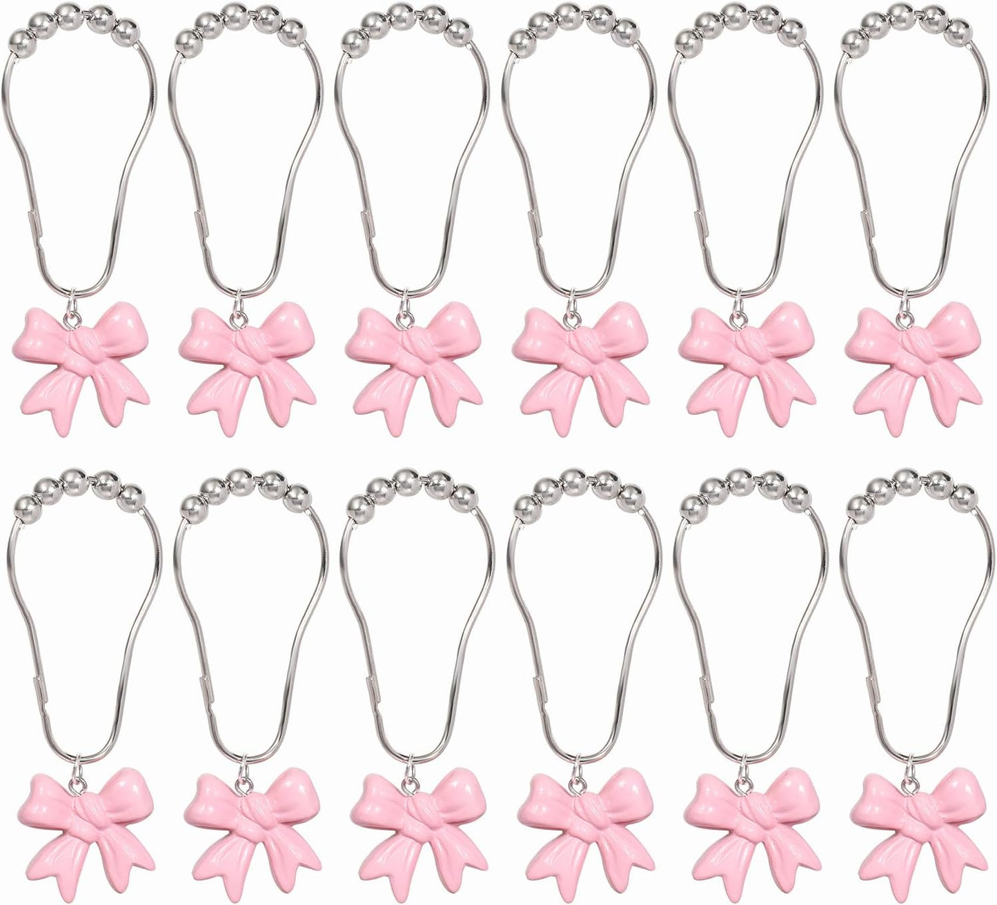 SUQ I OME 12PCS Decorative Shower Curtain Hooks, Pink Bow Knot Resin Curtain Hooks Shower Rings for Bathroom