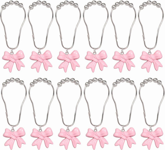 SUQ I OME 12PCS Decorative Shower Curtain Hooks, Pink Bow Knot Resin Curtain Hooks Shower Rings for Bathroom