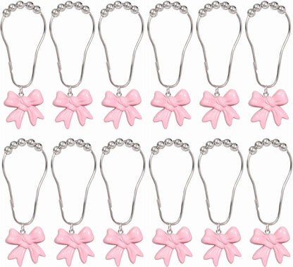 SUQ I OME 12PCS Decorative Shower Curtain Hooks, Pink Bow Knot Resin Curtain Hooks Shower Rings for Bathroom