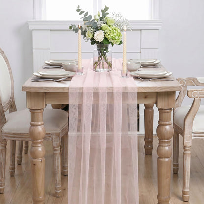 Artoid Mode 6Pcs Blushing Pink Gauze Table Runner 28x120Inch, Seasonal Sheer Kitchen Dining Holiday Wedding Birthday Baby Shower Table Decor for Home Party
