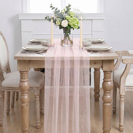 Artoid Mode 6Pcs Blushing Pink Gauze Table Runner 28x120Inch, Seasonal Sheer Kitchen Dining Holiday Wedding Birthday Baby Shower Table Decor for Home Party