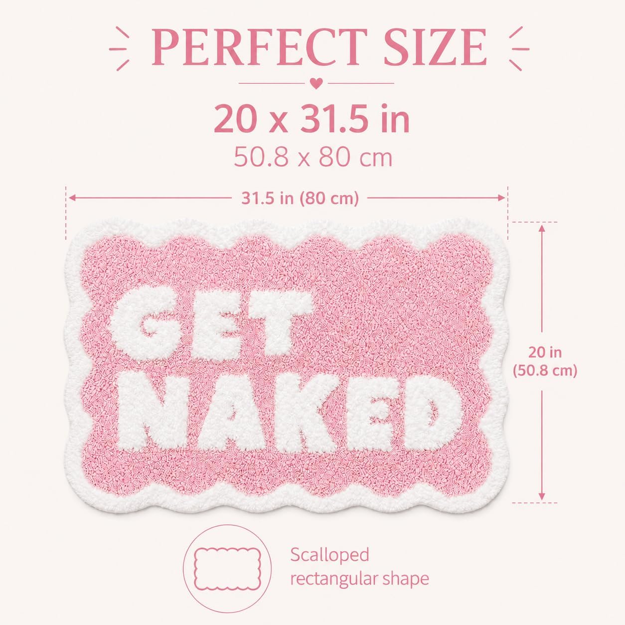 Scalloped Pink Bath Rug, Get Naked Cute Bathroom Rug, Soft Absorbent Quick Dry Bath Mat, TPR Non Slip Backing, Microfiber Mat for Shower Tub Sink Vanity 20" x 31.5"
