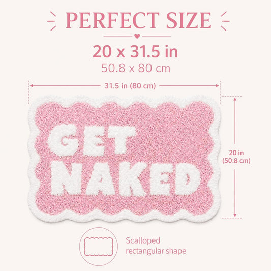Scalloped Pink Bath Rug, Get Naked Cute Bathroom Rug, Soft Absorbent Quick Dry Bath Mat, TPR Non Slip Backing, Microfiber Mat for Shower Tub Sink Vanity 20" x 31.5"