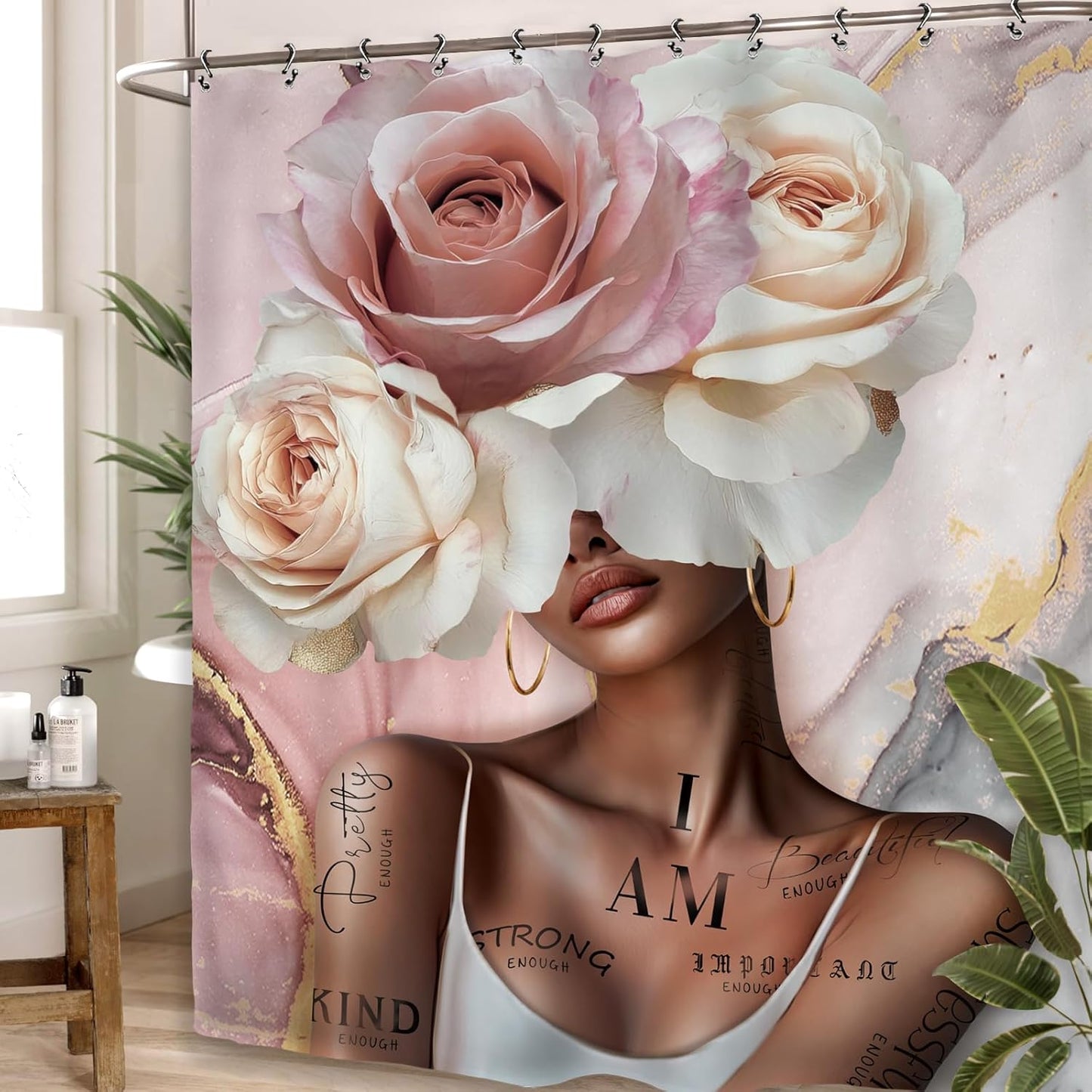 African American Flower Rose Bathroom Shower Curtain 60W by 71H Inch Sexy Pink Black Girl Woman Marble Inspirational Motivational Positive Polyester 12 Plastic Hooks Waterproof Decor