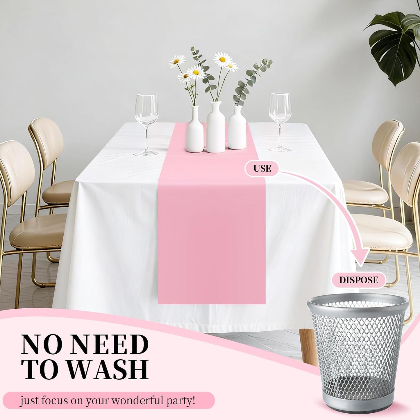 Light Pink Plastic Table Runner Disposable, 16 Pack 14 x 108 inch, Water Resistant Table Runner for Wedding, Birthday, Party, Baby Shower, Home Table Decoration