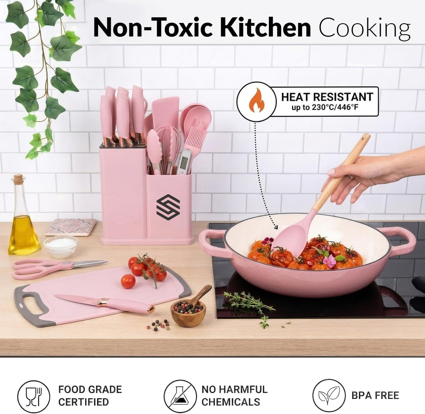 19 PCS Pink Silicone Cooking Utensils Set with Wooden Handle & Knife Set Block, Heat-Resistant Spatula, Spoon, Ladle, Whisk with Holder – BPA Free, Silicone Kitchen Utensil Set for Cooking & Baking