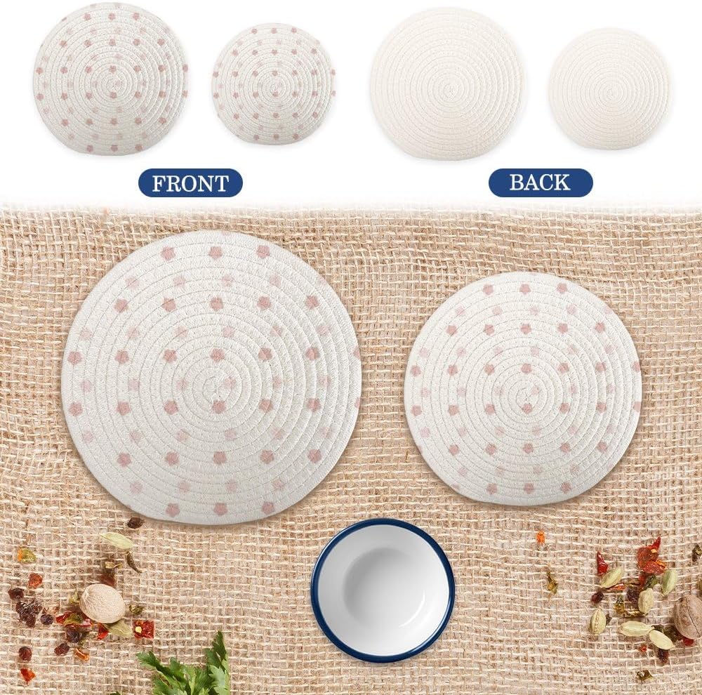 Cotton Trivets Mats Set of 2, Light Pink Polka Dot Coasters for Hot Dishes Pots and Pans, Pot Holders Protector Home Essentials for Cooking and Baking