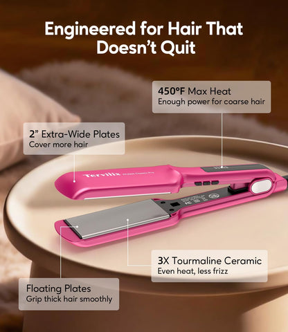 Terviiix 2 Inch Wide Ceramic Hair Straightener Flat Iron for Thick Curly Hair - Heats in 30s, 300F-450F Adjustable, Dual Voltage for Travel, Auto Shut Off, Pink