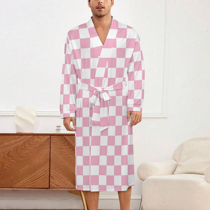 Sleepwear Robe for Women Men - Pink Pastel Checkered Print Lightweight Kimono Bathrobe with Tie Belt