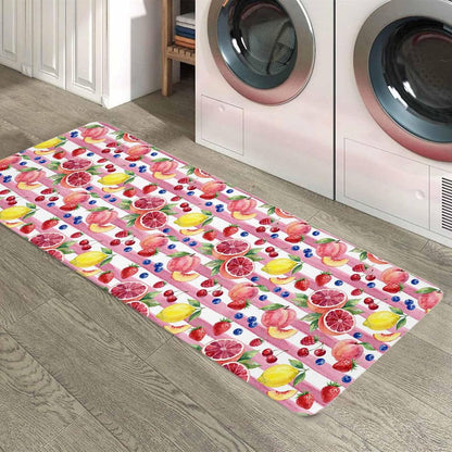 Kitchen Rugs and Mats, Summer Peach Lemon Grapefruit 2 Piece Area Runner Rug Set Comfort Standing Floor Mat, Blueberry Strawberry Pink Stripe Non Slip Absorbent Doormats for Laundry/Bathroom/Bedroom
