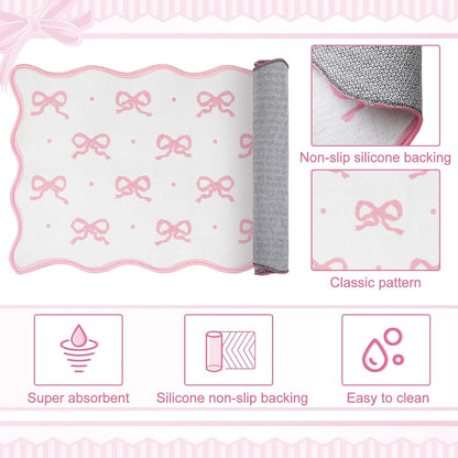 Tinideya Pink Bow Kitchen Rug Mat Set of 2 Scalloped Cute Non Slip Short Plush Kitchen Rug Coquette Aesthetic Room Decor Preppy Carpet Mat for Office Floor Sink Laundry 17" x 30", 17" x 47"