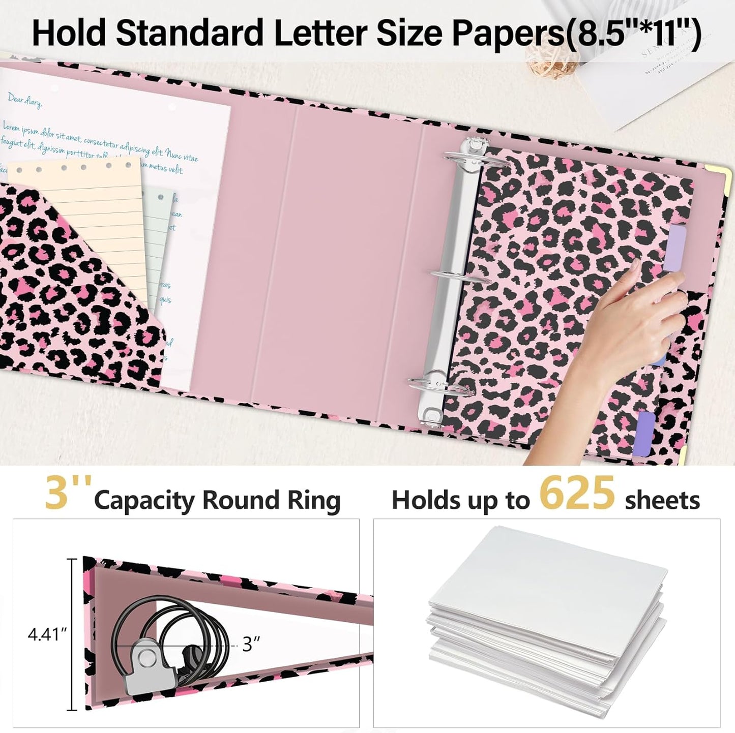 3 Ring Binder 3 Inch, Cute Round Ring Binder with 6 Tab Dividers & Label Stickers, Low Profile Clipboard with Storage, Fashion Binder for School Office Supplies (Pink Leopard)