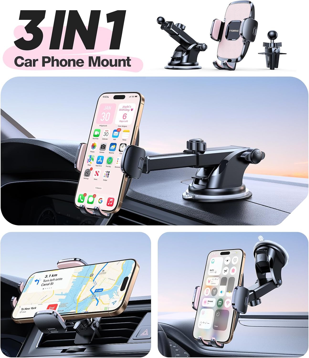 TORRAS Pink Phone Holders for Your Car【Ultra-Durable & Strongest Suction】, Universal Car Phone Holder Mount Truck Cradle Stand for Dashboard Windshield Vent, Pink Car Accessories