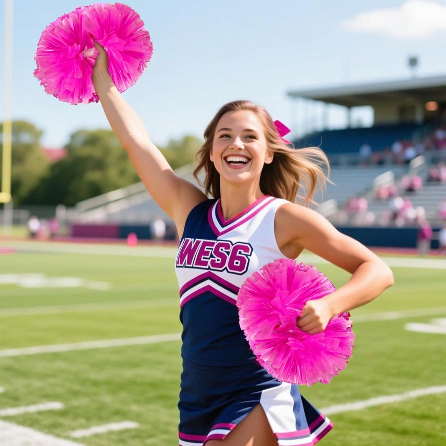 12 Pcs Metallic Cheerleading Pom Poms, 12Inch Cheerleader Pompoms with Baton Handle, Cheerleading Flower Ball for School Team Sports Games Dance Cheering Cheer Pom Poms for Kids Adults