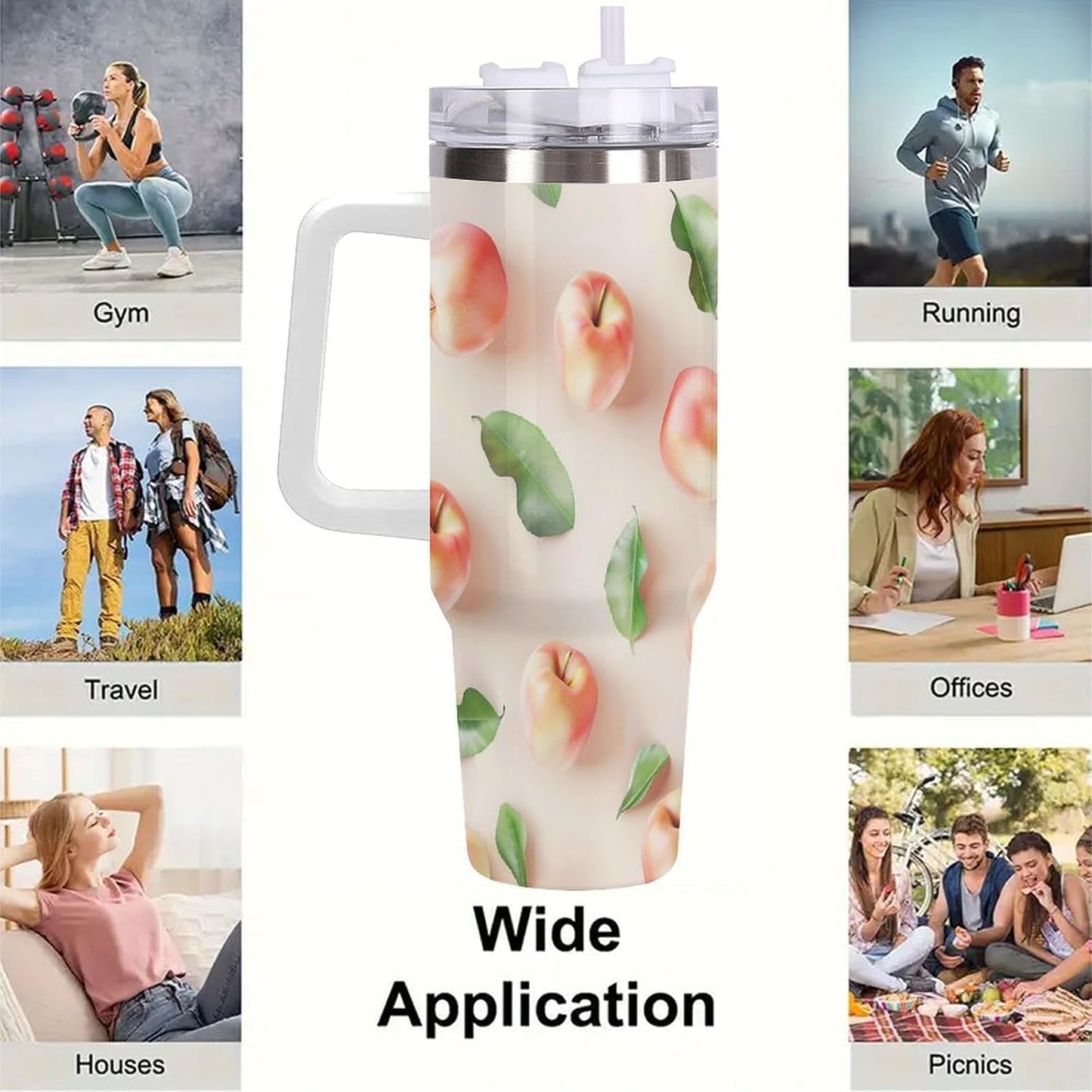 40oz Tumbler with Handle, Peaches And Green Leaves Pattern Printed Stainless Steel Travel Mug, Insulated Car Cup with Straw, Keeps Drinks Hot & Cold, Personalized Gift for Women & Men