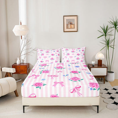Feelyou Cute Bow Bed Sheets Set Queen Size Romantic Rose Flower Deep Pocket Fitted Sheet Bow Tie Striped Bedding Sets Soft Bed Set 4Pcs with 2 Pillow Cases