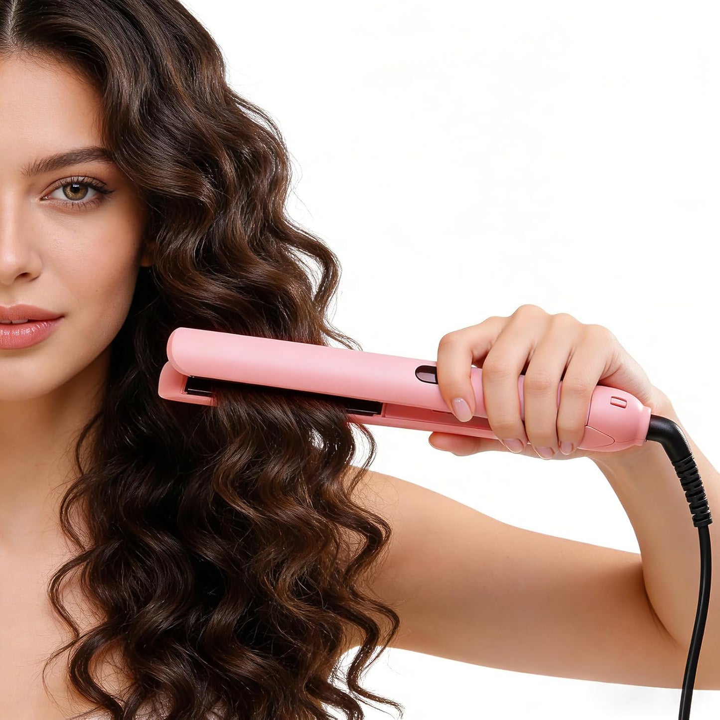 Professional Hair Straightener, Titanium Flat Iron with LCD Display, MCH Hot Plate, 360° Rotating Cord, Fast Heat Up, 2-in-1 Straightening and Curling (Light Pink)