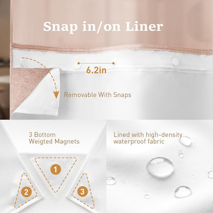 BTTN Pink Ringless Shower Curtain Set, Linen Textured Waterproof Fabric Shower Curtain with Snap in Liner, Machine Washable, Luxury Cute Cloth Shower Curtain for Bathroom with Mesh Top Window, 72x75