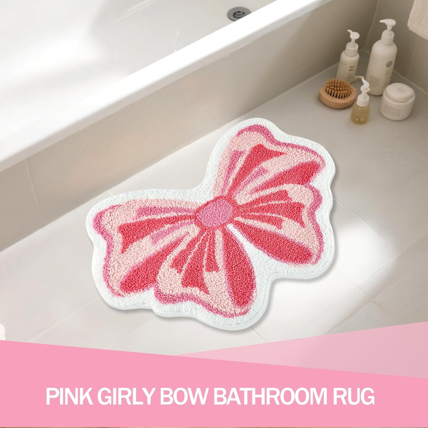 Pink Bow Bathroom Rug, Soft Tufted Plush Washable Non-Slip Kawaii Bow Bath Mat, Bedroom Kitchen Floor Door Mat for Home