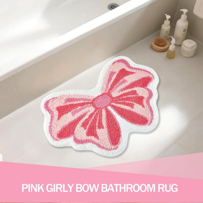 Pink Bow Bathroom Rug, Soft Tufted Plush Washable Non-Slip Kawaii Bow Bath Mat, Bedroom Kitchen Floor Door Mat for Home
