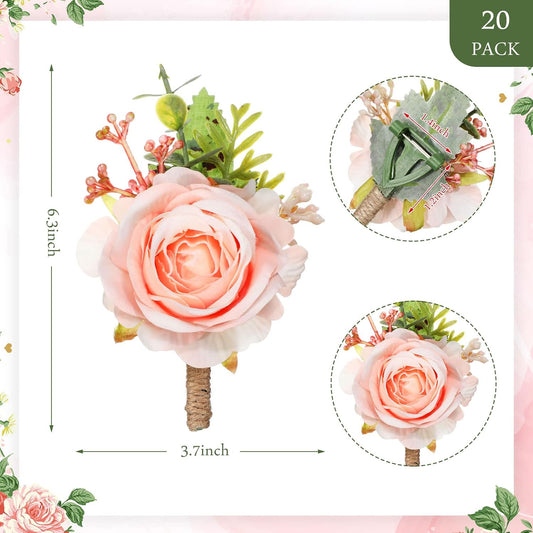 Sherr 20 Pcs Rose Boutonniere for Men Wedding Corsage Rose Groom and Groomsmen Boutonniere with Artificial Flower for Rustic Vintage Wedding Ceremony Anniversary Dinner Prom Party (Pink)