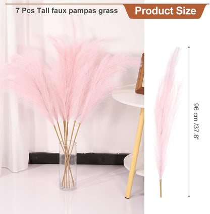 PATIKIL 37.8in Tall Pampas Grass Decor, 7pcs Large Artificial Pampas Grass Bulk Long Fluffy Faux Pampas Grass Dried for Home Boho Decor Vase Wedding Wall Ground, Pink