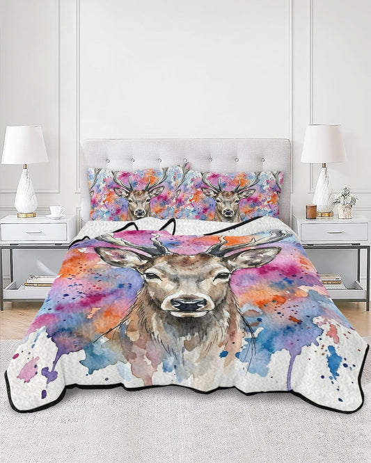 Quilts Twin XL Size, Elk Soft Comforter Bedding Set for Bed, Pink Purple Blue Watercolor Splashes Splatter Animal Lightweight Quilted Bedspread with Pillow Cover(2 Pieces) for All Season, 68x98 Inch