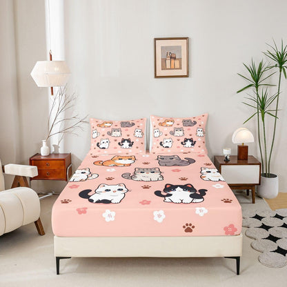 Homewish Cute Cat Fitted Sheet Kawaii Animals Paw Bed Cover,1 Fitted Sheet+2 Pillowcases(No Flat Sheet) Japanese Style Bed Cover Room Decor Queen Peach Pink