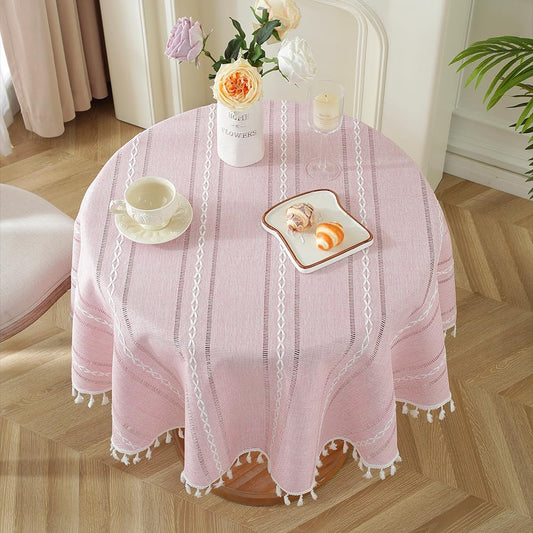 meioro Pink Rustic Table Cloth, Round 55" Textured Cotton Linen Fabric Tablecloth with Tassel, Valentines Day Farmhouse Table Cover Embroidery Stripe Round Tablecloths for Kitchen Dinning Party