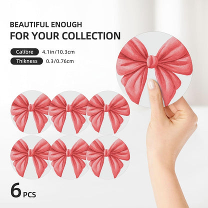 Watercolor Cute Bow Light Red and Pink Ceramic Coasters with Holder Set of 6 Coffee Cup Drink Coasters