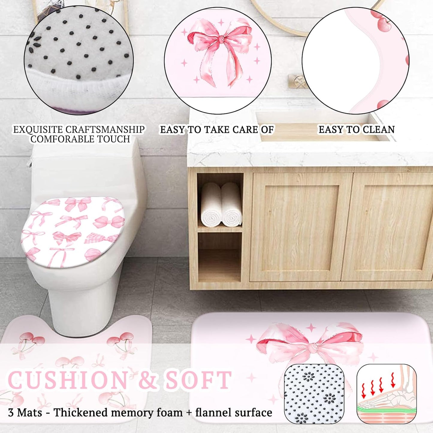8 Pcs Pink Bow for Shower Curtain Sets for Bathroom Decor Cute Coquette Bathroom Accessories Preppy Bow Knot Aesthetic Girly Shower Curtain Sets with Towels Carpet Bath Mat Toilet Rugs and 12 Hooks