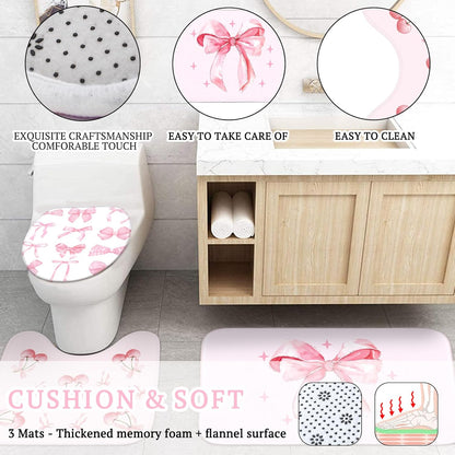 8 Pcs Pink Bow for Shower Curtain Sets for Bathroom Decor Cute Coquette Bathroom Accessories Preppy Bow Knot Aesthetic Girly Shower Curtain Sets with Towels Carpet Bath Mat Toilet Rugs and 12 Hooks