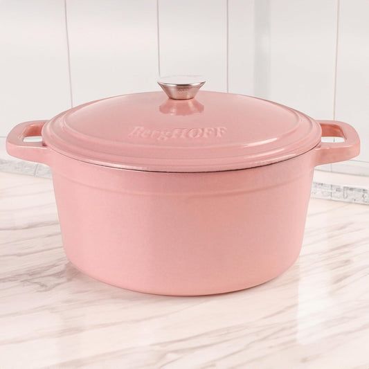 BergHOFF Neo Enameled Cast Iron 7qt. Round Dutch Oven, Matching Lid, Oven safe Up to 400°F, Pink