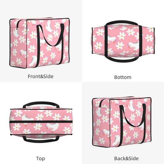 Pink Roller Skates Floral Girl Skater Large Duffle Bag Foldable Lightweight Travel Duffle Bag for Women Men