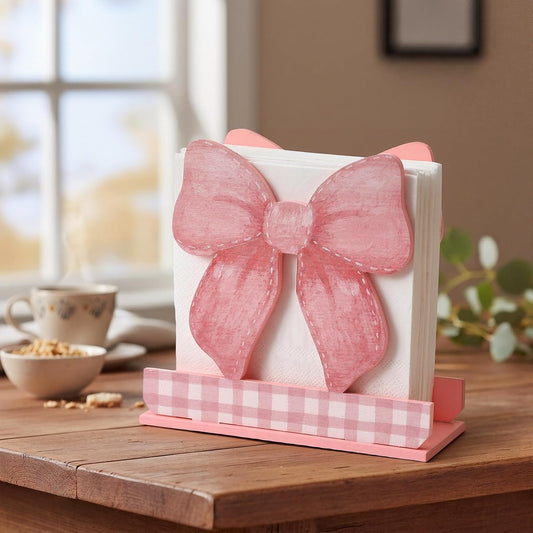 Pink Bow Wooden Napkin Paper Holder for Table Decor Festive Holiday Vintage Sturdy Rustic Wood Napkin Stand for Kitchen Dining Room Farmhouse Winter Counter Cute Seasonal Decor