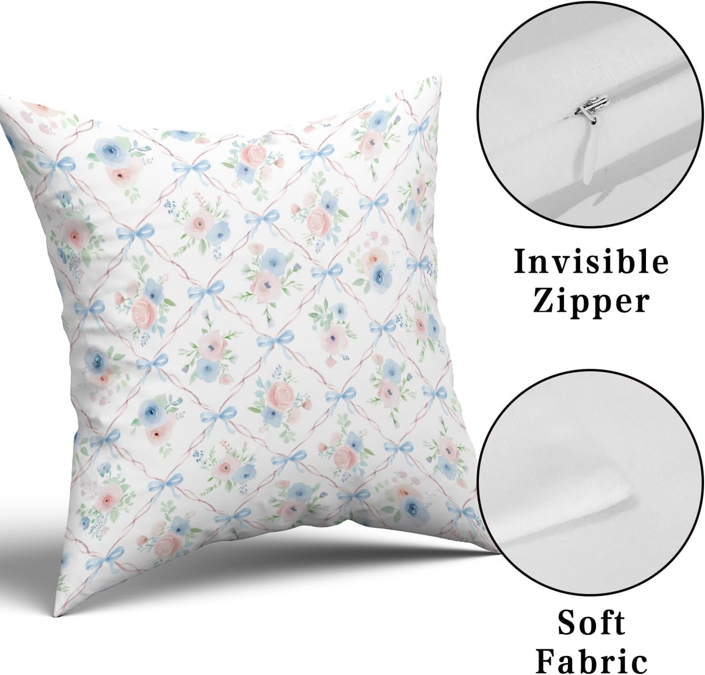 Giwawa Pink and Blue Floral Throw Pillow Covers 18x18 Inch Set of 2 Coquette Bow Pillow Case, Preppy Room Girly Bedroom Bow Room Decor