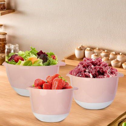 3 Mixing Bowls Set with Lids,Grips,Pour Spout and TPR Bottom, Plastic Nesting Bowl Use for Kitchen Cooking-Prep,Serving,Baking Bread Cake,Pancake,Non-slip,Dishwasher Safe,3Qt,2Qt,1.5Qt,Pink